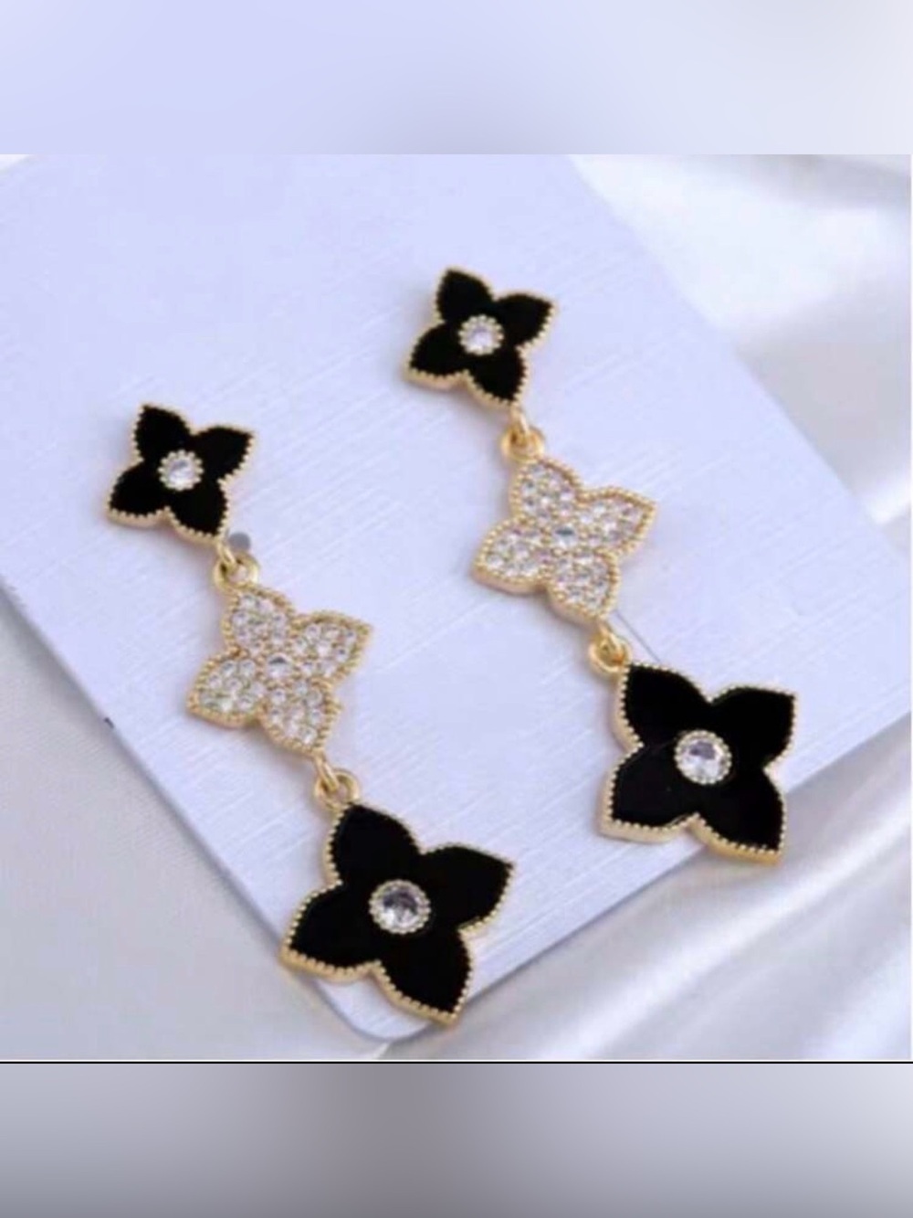 Elegant Black and Gold Floral Drop Earrings - Crystal Accent